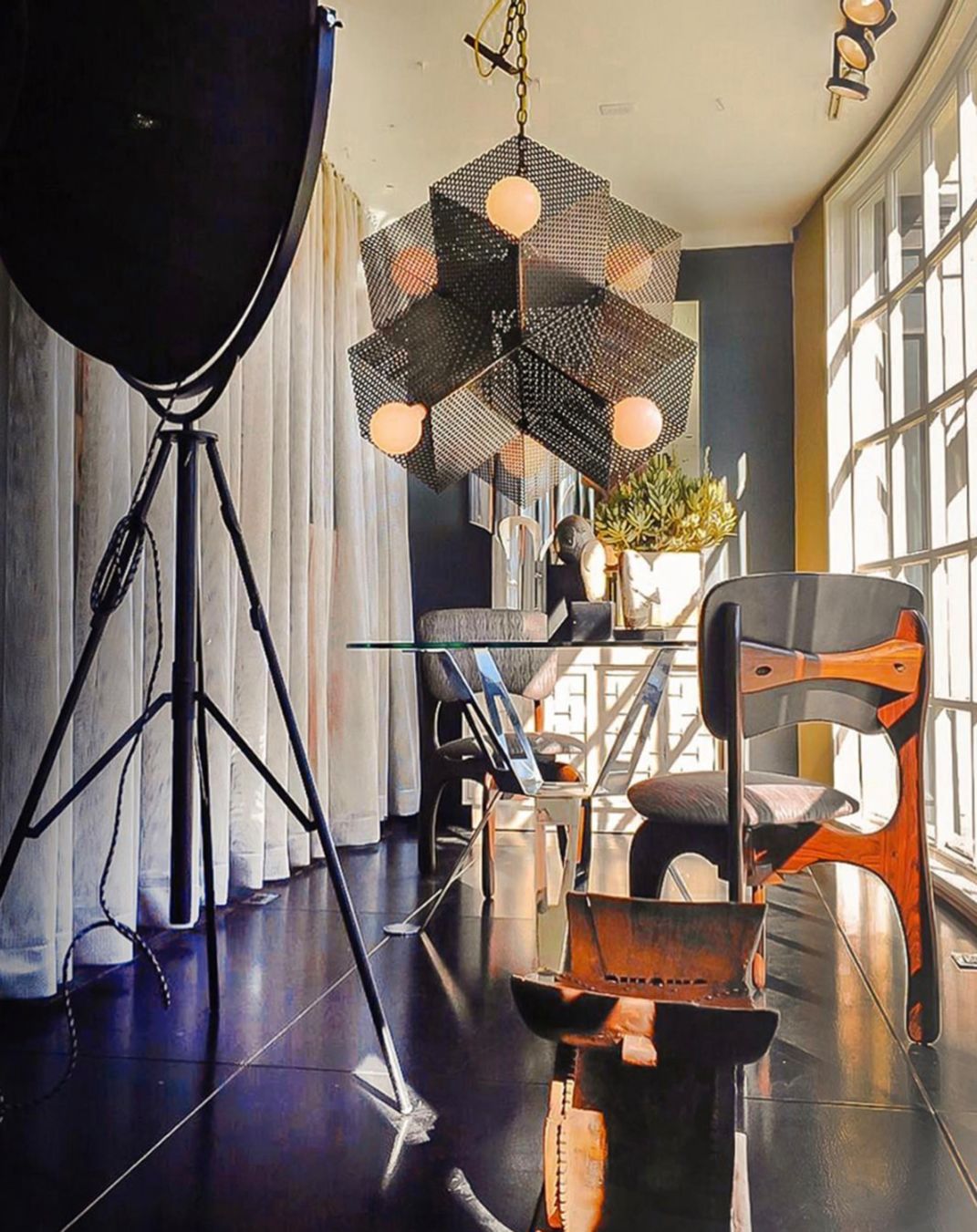 brutalist brass gold perforated metal chandelier light
