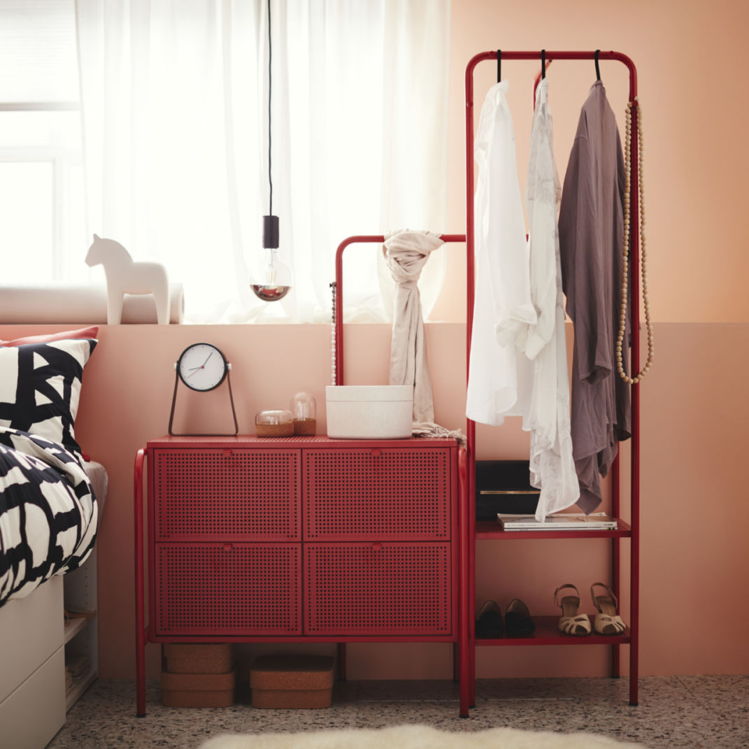 ikea red perforated metal cabinet clothes stand