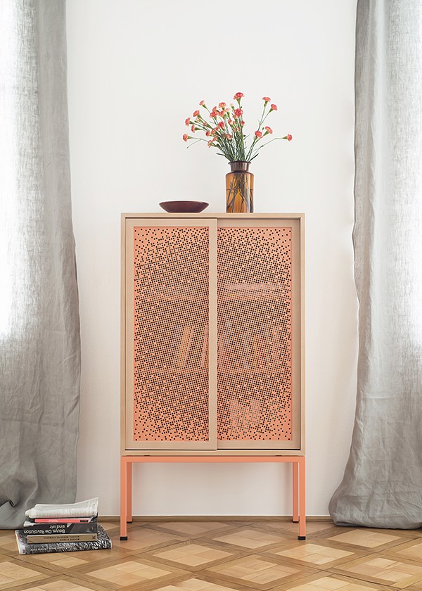 peach millennial pink perforated metal cabinet