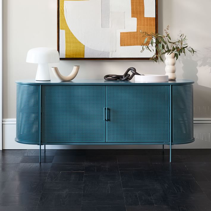 blue perforated metal credenza buffet
